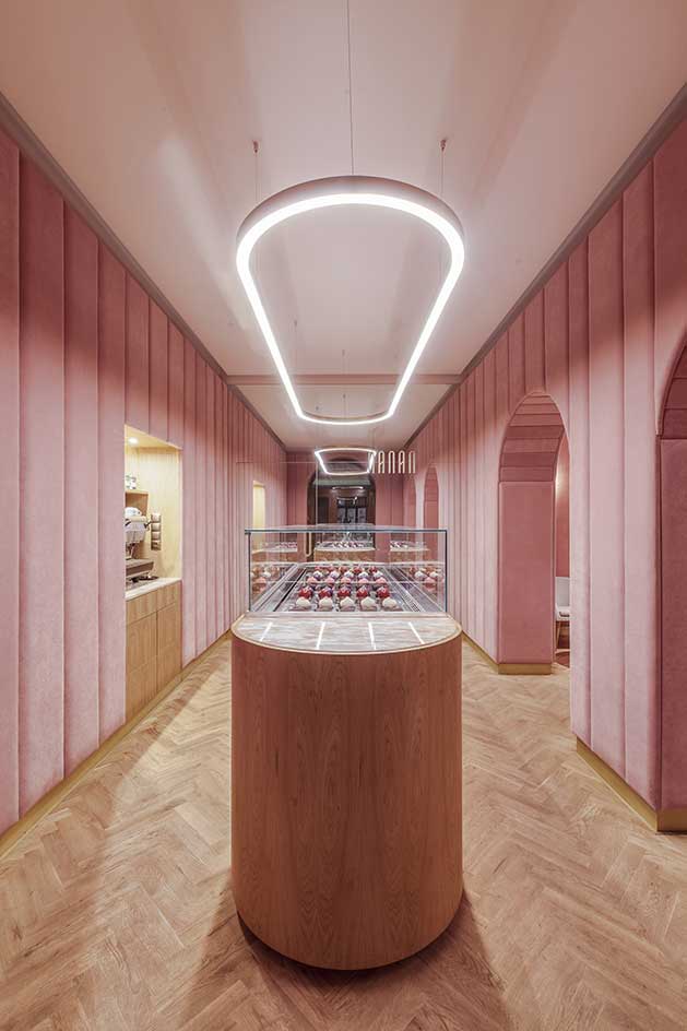 Long room with food counter