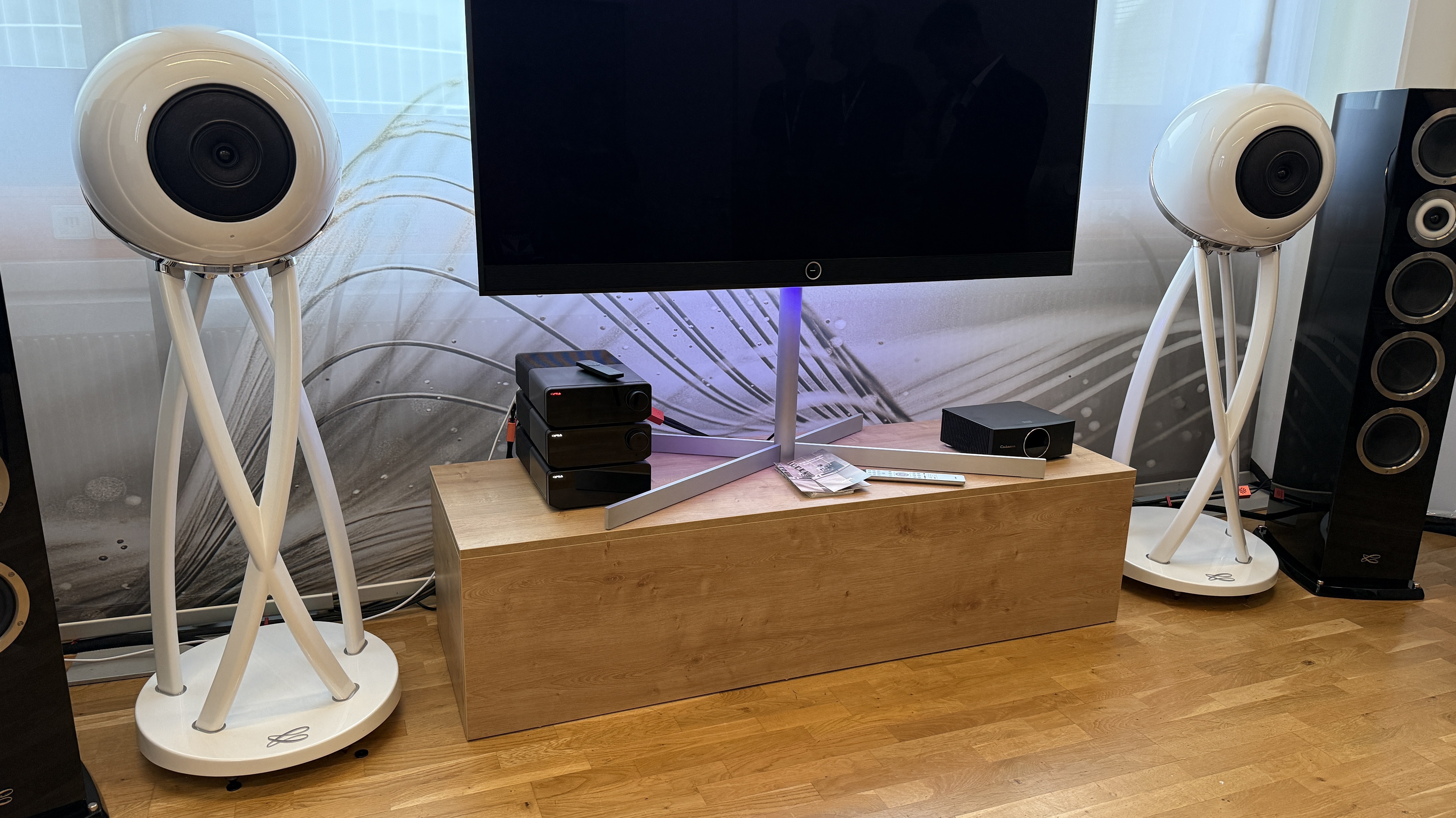 The Cabasse Pearl Pelegrina Edition Atelier on either side of a TV