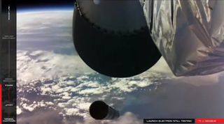 A Rocket Lab Electon booster upper stage separates from its first stage (bottom) during its second test flight, called "Still Testing," on Jan. 21, 2018.