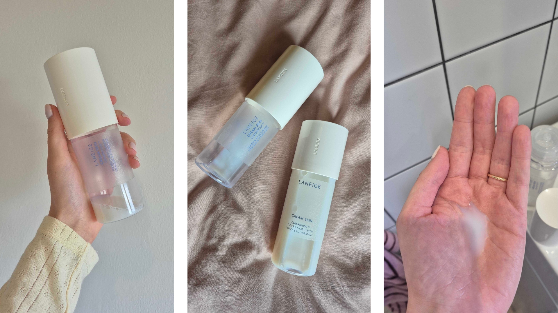 On the left is a close-up of Digital Beauty Writer, Naomi Jamieson holding a nearly empty bottle of LANEIGE Cream Skin Cerapeptide Toner and Moisturiser. In the middle, is a picture of both a full and almost empty bottle of the LANEIGE Cream Skin Cerapeptide Toner, pictured on a pink bedding background and finally, on the right is a picture of Naomi's hand with a few drops of the toner pooled in her palm.