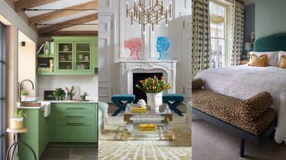 three images of a kitchen, living room and bedroom