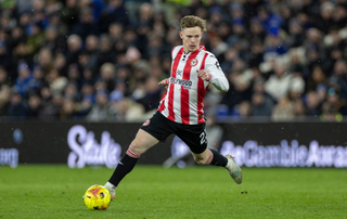 Keane Lewis-Potter, number 23 of Brentford F.C., is in action during the Premier League match between Everton and Brentford at Hill Dickinson Stadium in Liverpool, England, on January 4, 2026. 