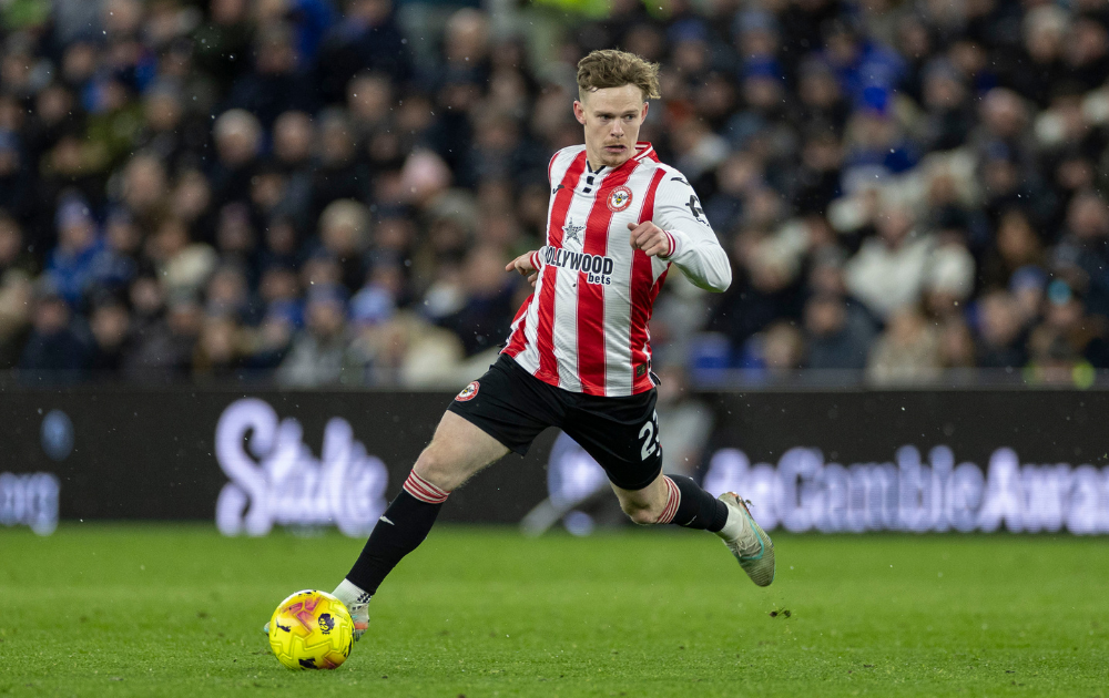 Keane Lewis-Potter, number 23 of Brentford F.C., is in action during the Premier League match between Everton and Brentford at Hill Dickinson Stadium in Liverpool, England, on January 4, 2026. 