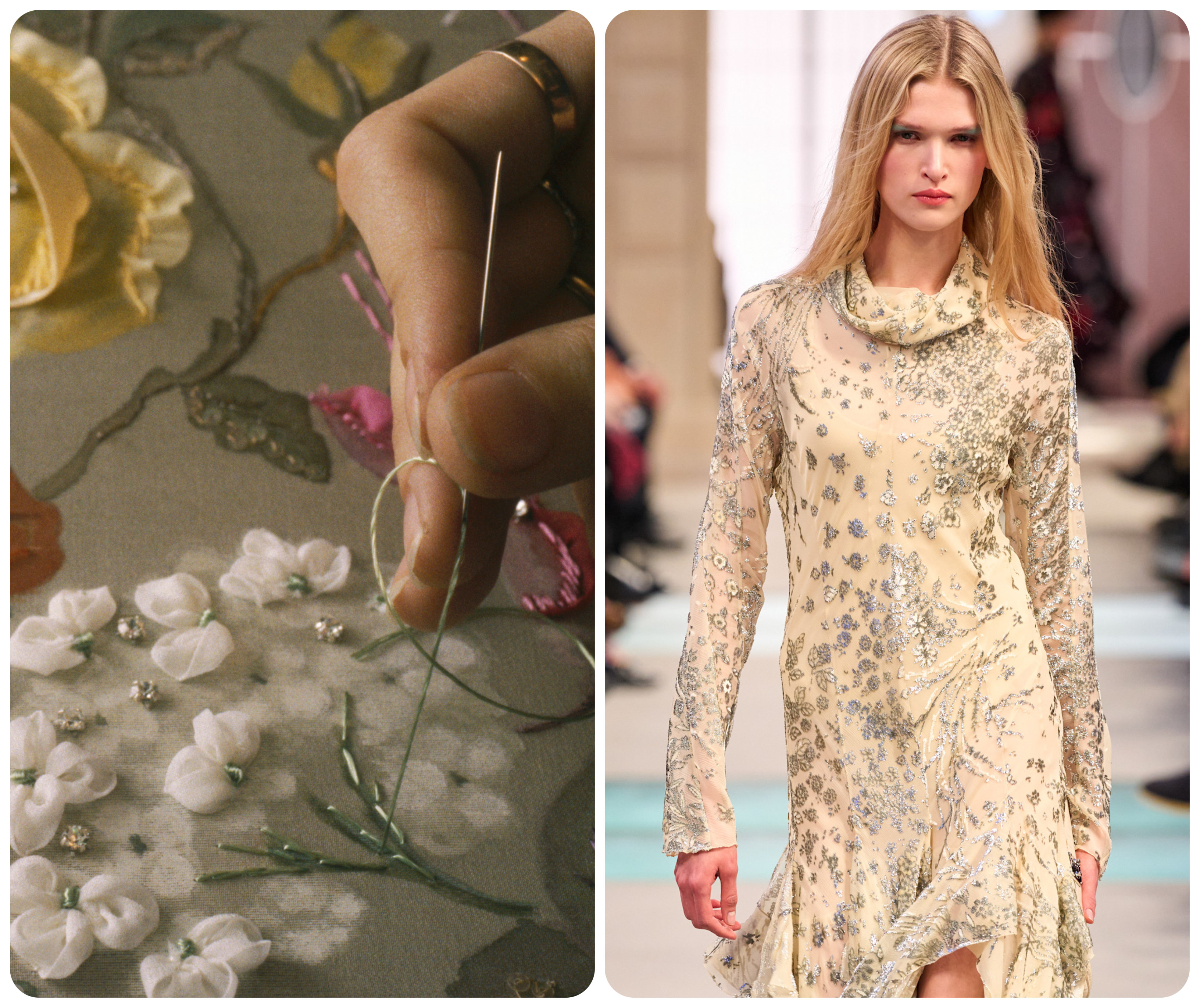 Flowers are delicately stitched onto fabric at the workshop of French embroiderer François Lesage and Louis Vuitton's sequined Fall 2025 dress