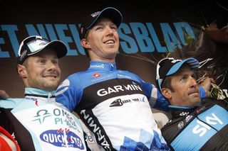 The Omloop Het Nieuwsblad podium: Tom Boonen, Sep Vanmarcke and Juan Antonio Flecha