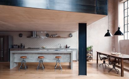 Open plan kitchen area with worktop and dining area