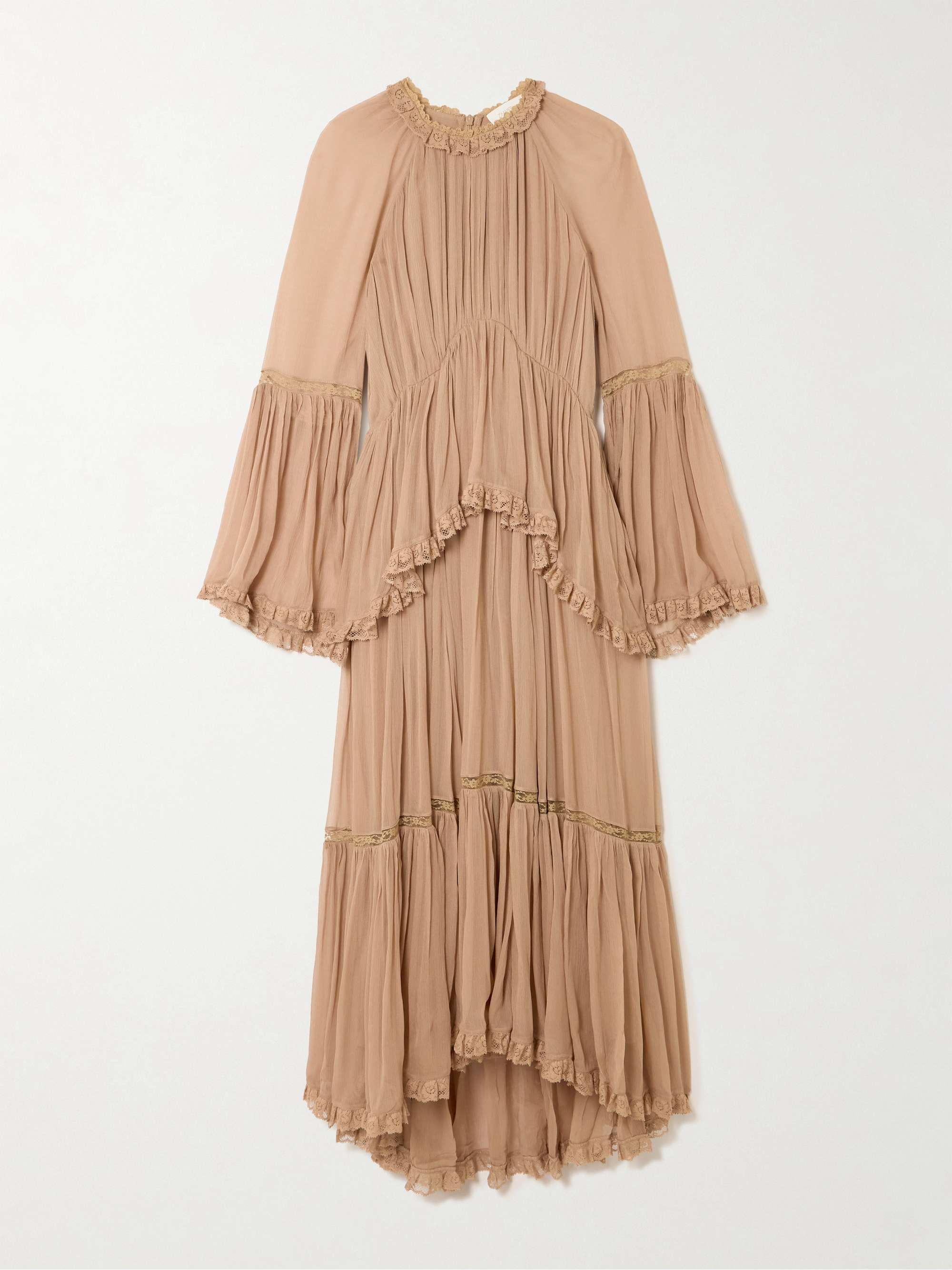 Hypnotic Lace-Trimmed Tiered Crepe De Chine Midi Dress