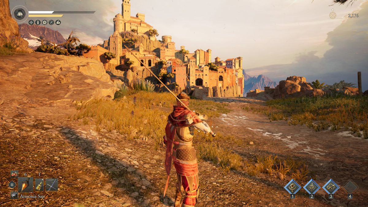 A sword-wielder looks at a distant city.