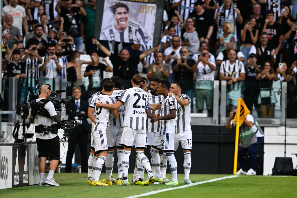 Dusan Vlahovic of Juventus celebrates 1-0 goal during the Serie A match between Juventus and AS Roma at Allianz Stadium on August 27, 2022 in Turin, Italy.
