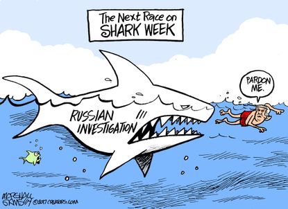Political cartoon U.S. Trump Russia investigation Shark Week