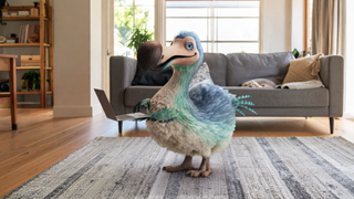 Dodo bird mascot in a living room