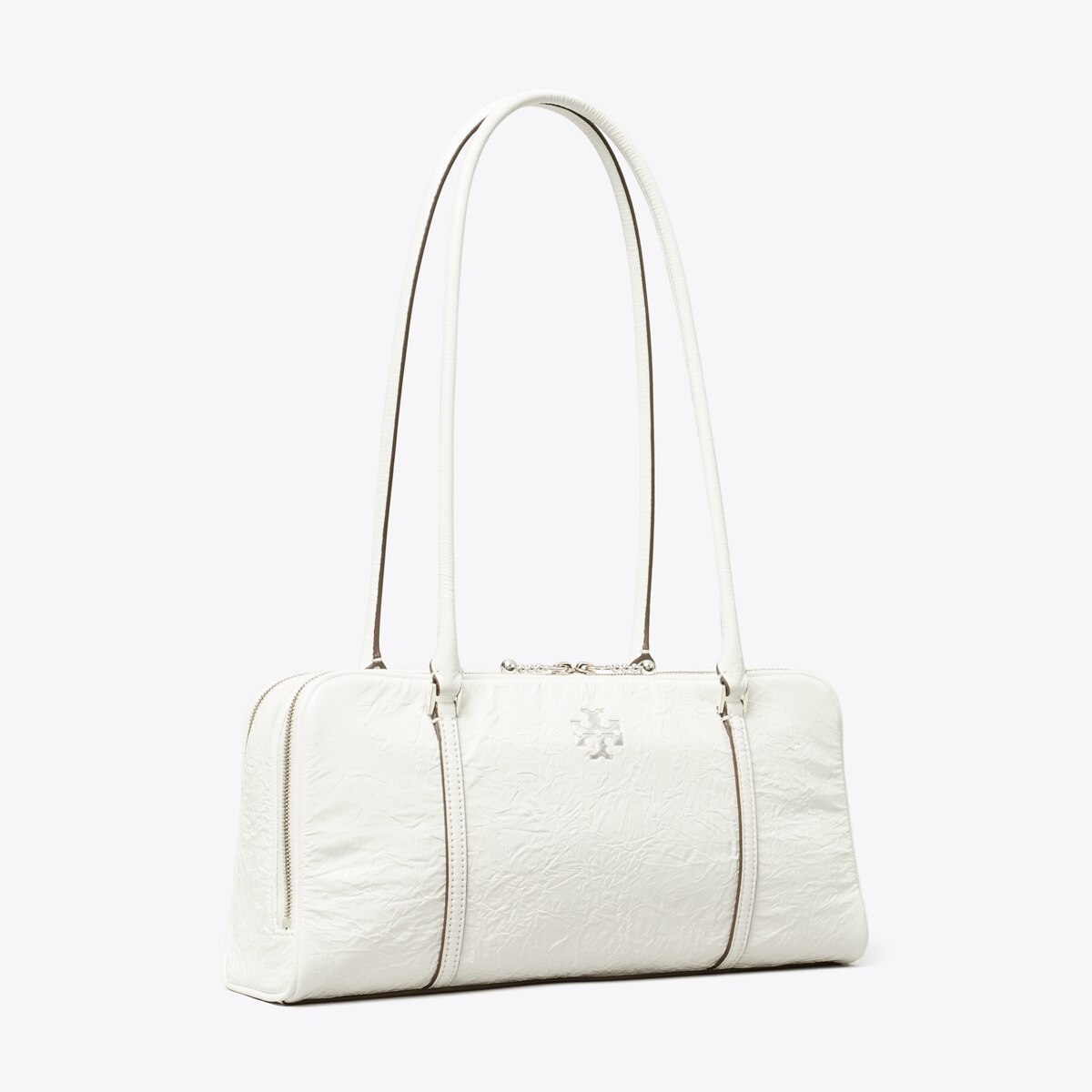 Small Crinkle Leather Marshmallow Satchel in White, Size Os