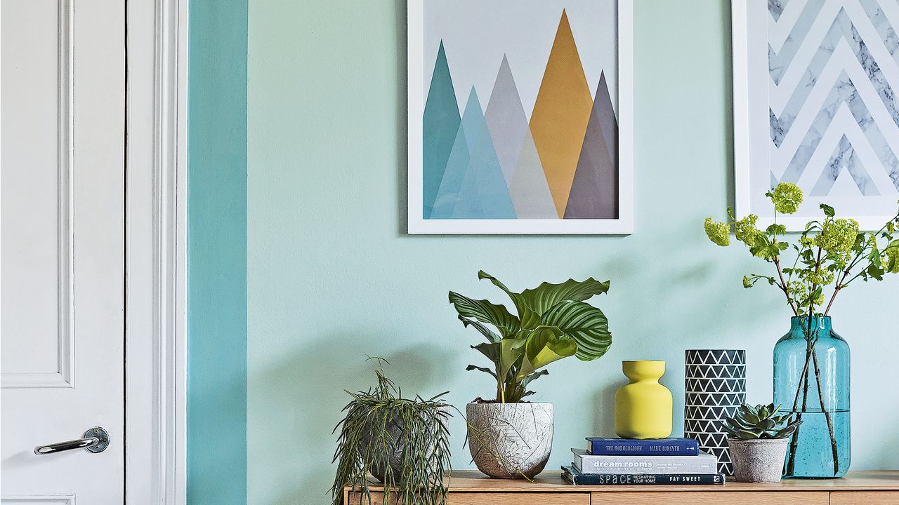 Internal door surrounded by green paint border beside console table with houseplants