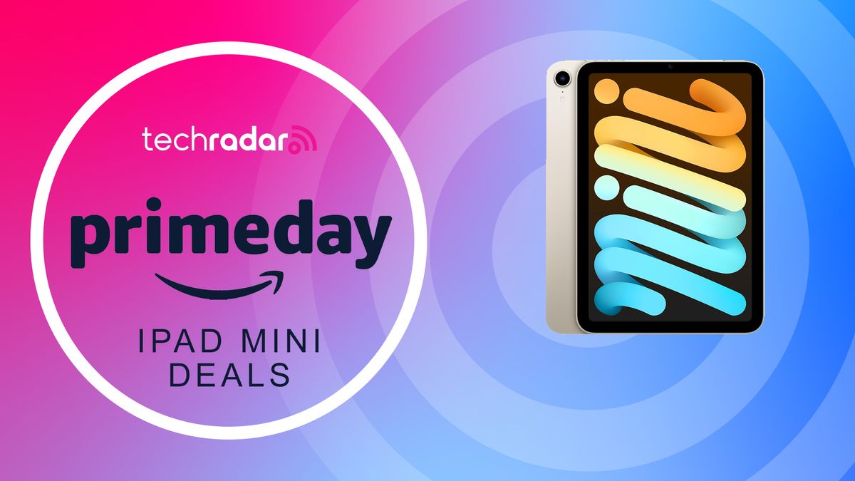 Amazon Prime Day iPad mini deals banner with iPad mini front and back in starlight color