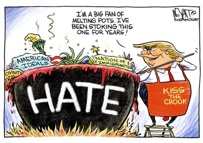 Political Cartoon U.S. Trump crook melting pot immigrants American ideals civility