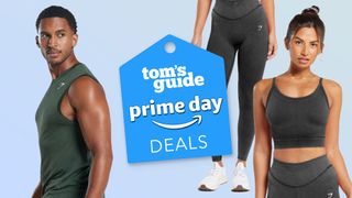 Gymshark models wearing Gymshark clothes on grey-blue background with Tom's Guide Prime Day deals badge center