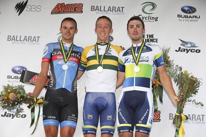 The Australian criterium championship podium: Steele Von Hoff (Garmin-Sharp), Cameron Meyer (Orica GreenEdge) and Leigh Howard (Orica GreenEdge)