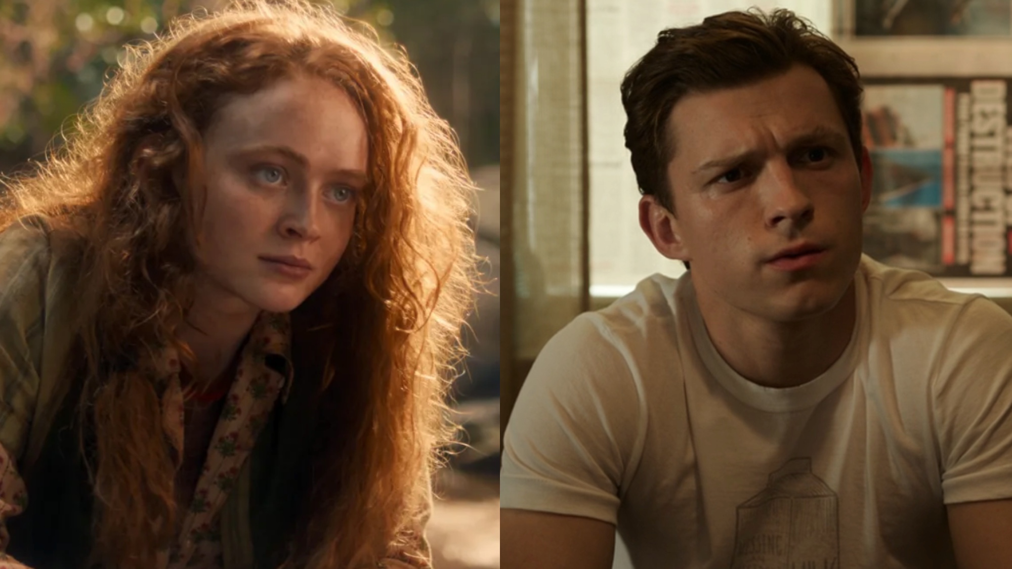 Sadie Sink in Stranger Things 5 and Tom Holland in Spider-Man: No Way Home side by side.