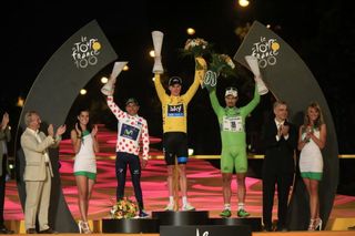 Nairo Quintana (Movistar), Chris Froome (Sky) and Peter Sagan (Cannondale) stand victorious on the podium in Paris