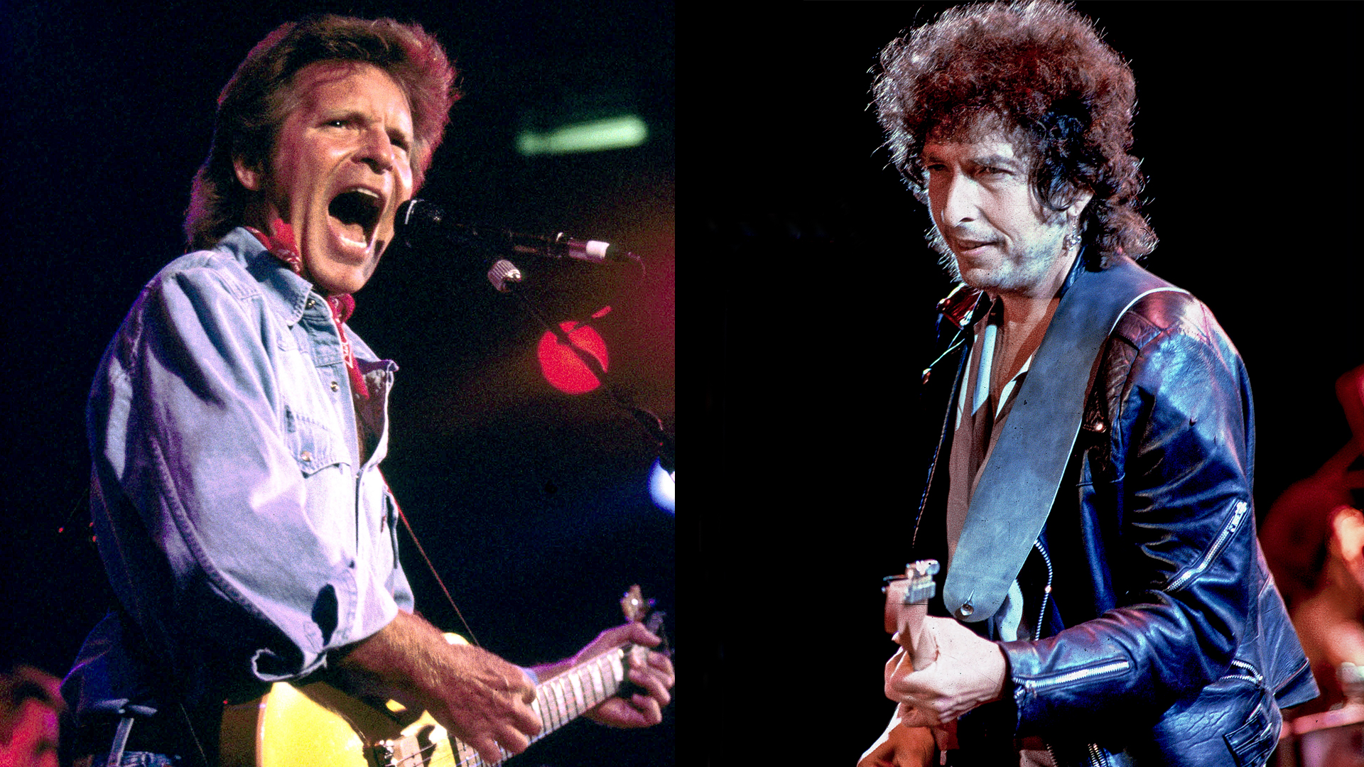 LEFT: John Fogerty during John Fogerty in Concert at House of Blues in Los Angeles, 1997. RIGHT: Bob Dylan at Farm Aid, September 22, 1985