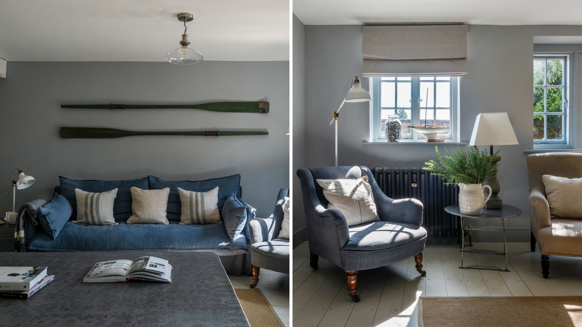 Elegant coastal blue living room with blue sofa and a strong Maritime theme showing how to make a living room look expensive with a cohesive theme