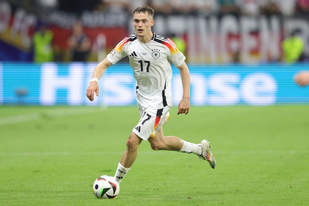 Potential Arsenal target Florian Wirtz of Germany plays the ball during the UEFA EURO 2024 group stage match between Switzerland and Germany at Frankfurt Arena on June 23, 2024 in Frankfurt am Main, Germany.(Photo by Jürgen Fromme - firo sportphoto/Getty Images)