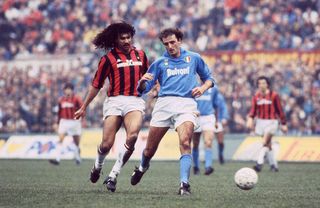 Napoli's Alessandro Renica competes for the ball with AC Milan's Ruud Gullit in the 1987/88 season.