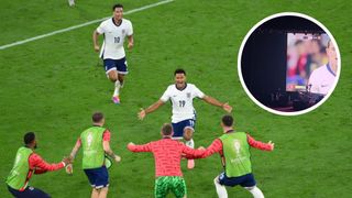 Ollie Watkins of England celebrates scoring his team&#039;s second goal with teammates from the substitutes bench during the UEFA EURO 2024 semi-final match between Netherlands and England at Football Stadium Dortmund on July 10, 2024 in Dortmund, Germany. (Photo by Justin Setterfield/Getty Images)