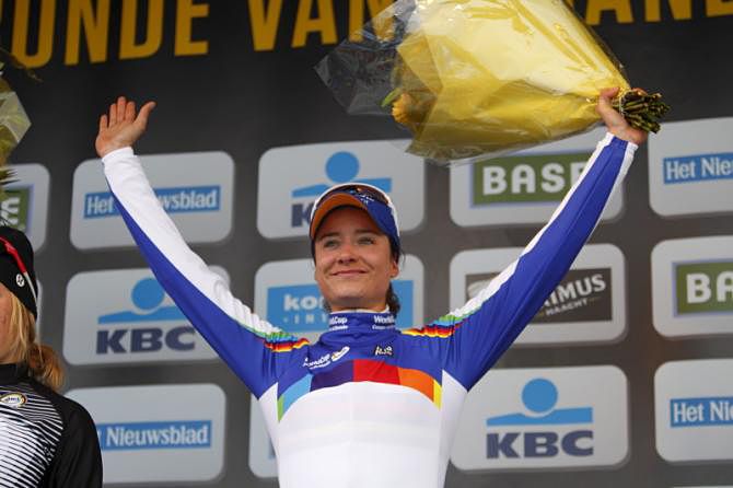 World Cup leader Marianne Vos (Rabobank Liv/Giant) on the podium as the winner of the 2013 Tour of Flanders and World Cup leader
