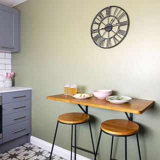 kitchen makeover with green wall and breakfast bar