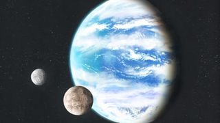 Artist impression of a hypothetical ocean planet with a terrestrial atmosphere and two satellites.