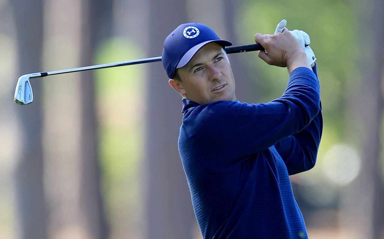 Jordan Spieth plays his second shot on the 17th hole during the Masters.