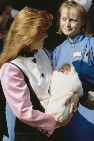 British Royal Sarah, Duchess of York, leaves the Portland Hospital with her daughter, Princess Eugenie, on Great Portland Street, London