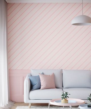 living room with pink diagonal stripe wallpaper