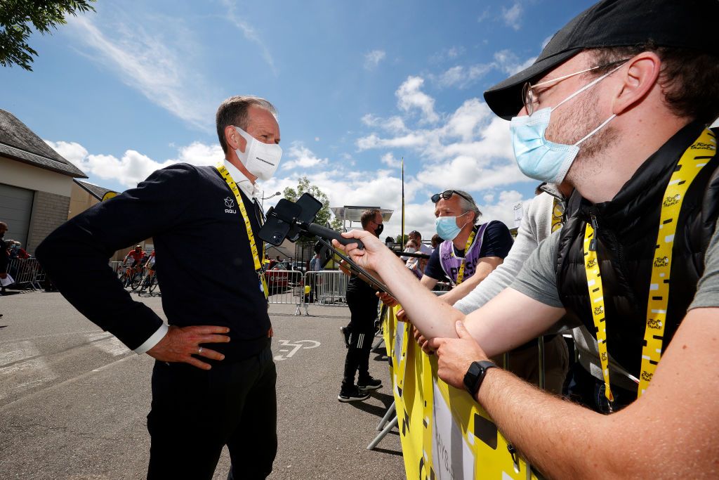 FOUGERES FRANCE JUNE 29 David Lappartient of France President of the Union Cycliste Internationale UCI at start during the 108th Tour de France 2021 Stage 4 a 1504km stage from Redon to Fougres Press Media Covid safety measures Social distance LeTour TDF2021 on June 29 2021 in Fougeres France Photo by Chris GraythenGetty Images