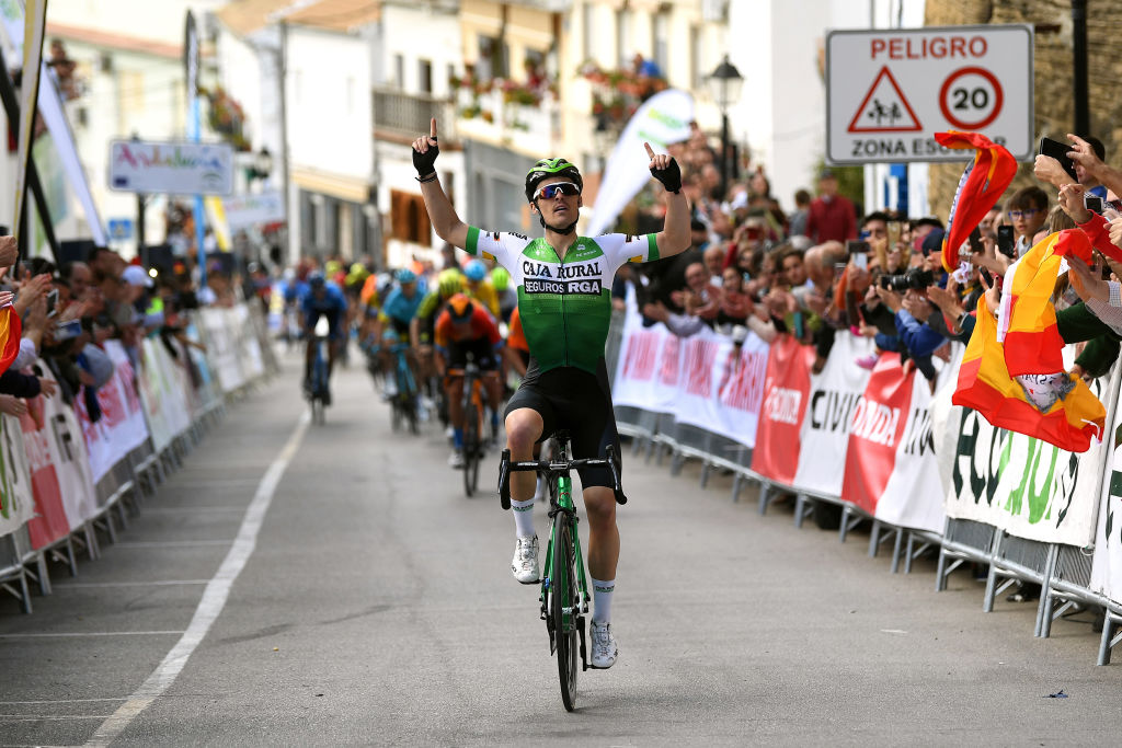 IZNJAR SPAIN FEBRUARY 20 Arrival Gonzalo Serrano of Spain and Team Caja Rural Seguros RGA Celebration Juan Jos Lobato of Spain and Team Fundacin Orbea Dylan Teuns of Belgium Team Bahrain McLaren during the 66th Vuelta a Andaluca Ruta del Sol 2020 Stage 2 a 1981km stage from Sevilla to Iznjar 527m VCANDALUCIA UCIProSeries on February 20 2020 in Iznjar Spain Photo by David RamosGetty Images
