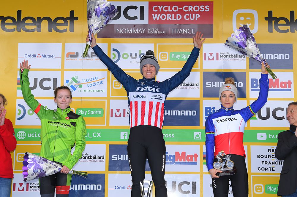 Katie Keough, Katie Compton and Pauline Ferrand-Prevot on the podium in Nommay