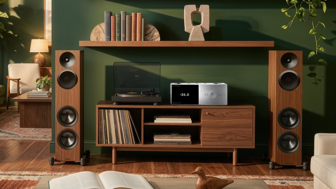 Paradigm Premier 820F v2 floorstanding speakers flanking a hi-fi system