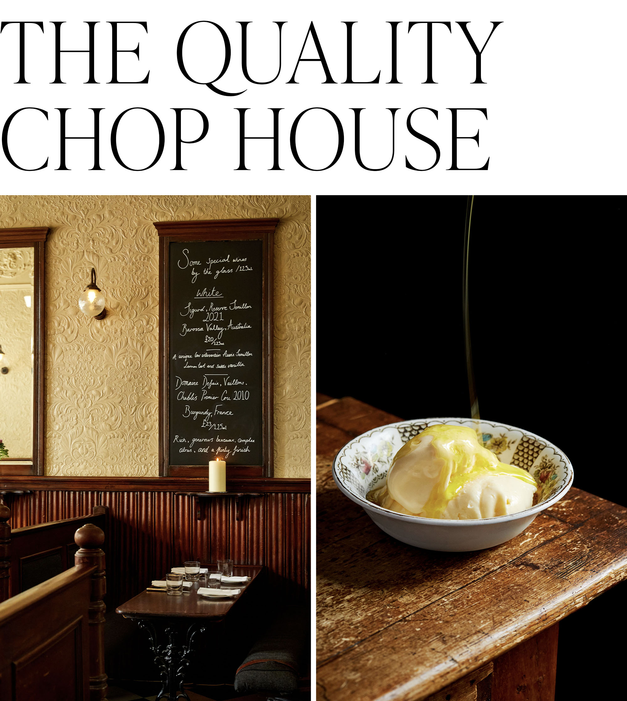 Collage of a chalkboard inside of London's Quality Chop House with the wine specials written on it and the restaurant's famous olive oil ice cream.