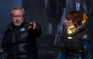 Ridley Scott directs Noomi Rapace on the set of "Prometheus." Opening date: June 8, 2012.