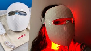 Ulike ReGlow LED Face mask with accessory bag and woman wearing the Ulike ReGlow LED Face mask