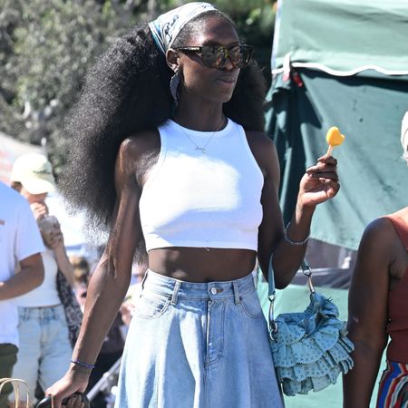 Jodie Turner Smith denim skirt
