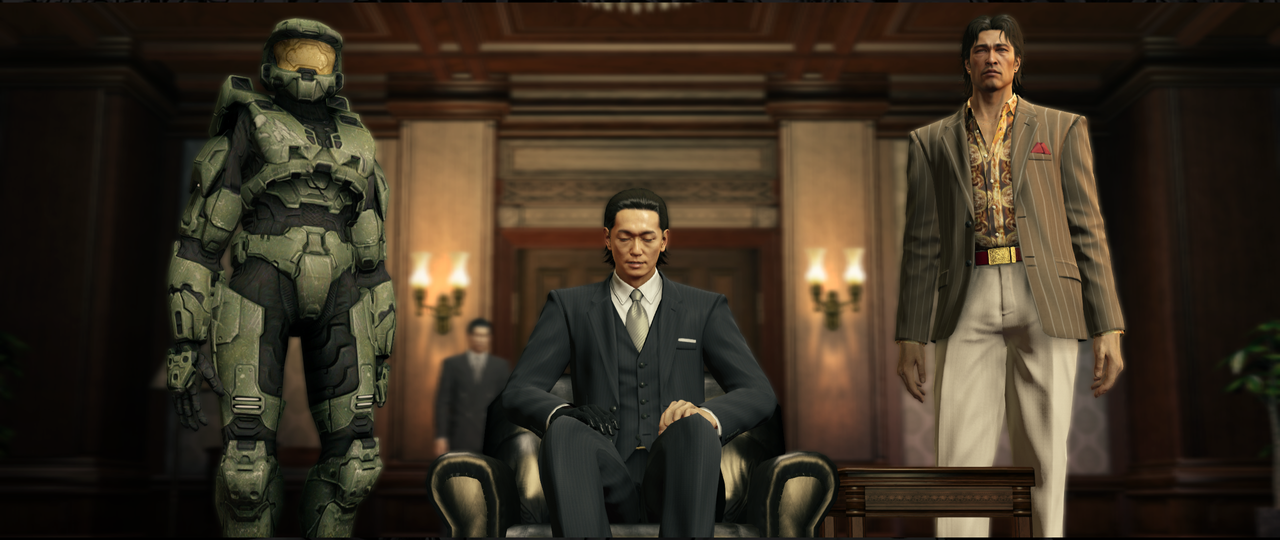 An image of a modified Yakuza 0 replacing disco-dancing protagonist Kiryu with Master Chief, an armored super soldier, on a light-up dance floor