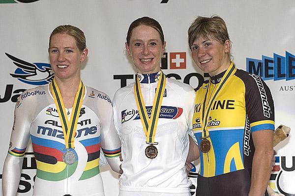 Great Britian's Wendy Houvenaghel on the podium with her gold medal from the women