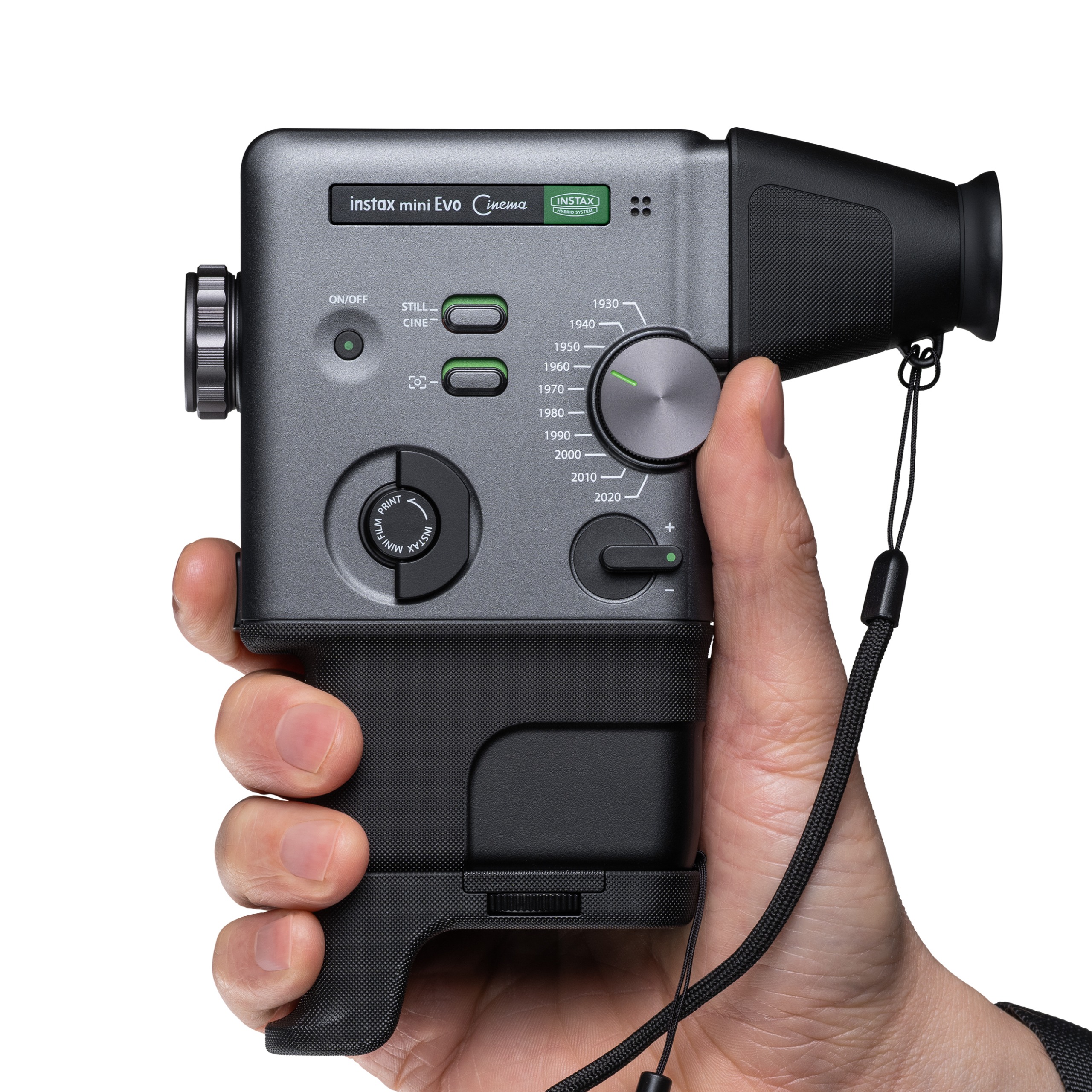 Instax mini evo cinema being held in man's hand