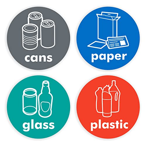 Recycle Stickers for Bins - Pack of 4 Recycling Signs - Cans, Paper, Glass, Plastic (1 of Each) - 100mm Diameter - Self Adhesive Vinyl Stickers
