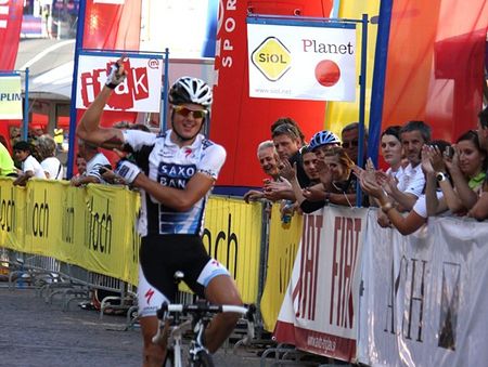 Fuglsang does a victory dance after winning the first stage.