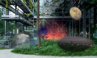 A render showing how smartphone-enabled daytime visitors to Fondation Cartier might see how the exhibition looks at night with the use of augmented reality technology.