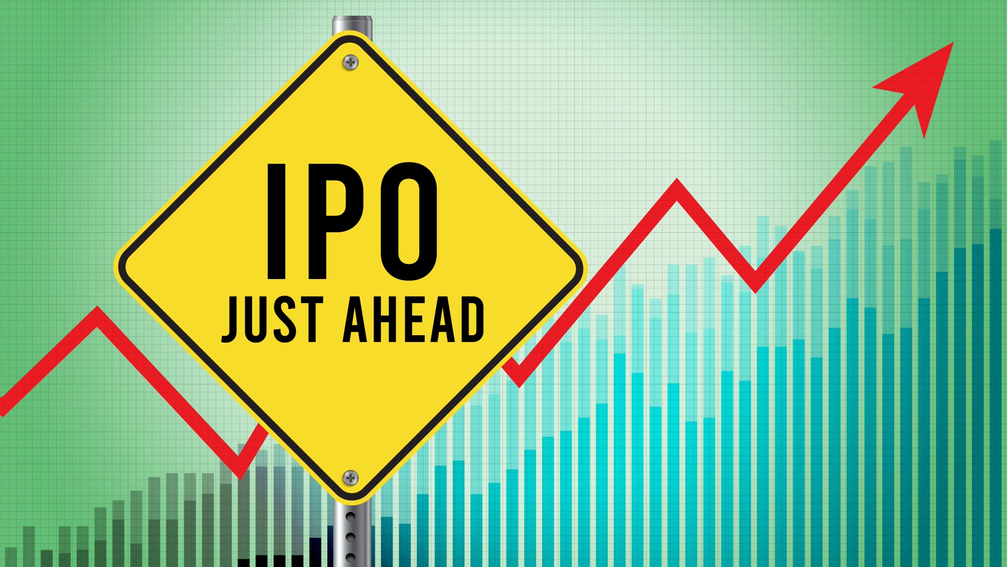A yellow road sign announces "IPO JUST AHEAD," in front of a rising stock market chart and an upward-trending red arrow.