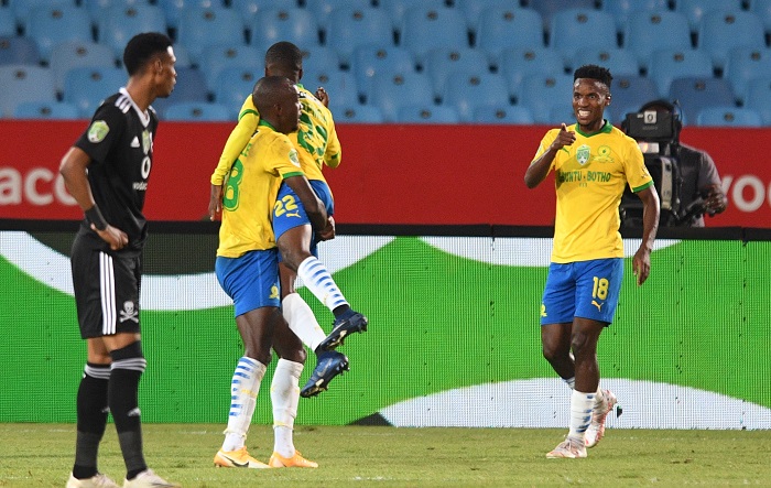 Lesedi Kapinga of Mamelodi Sundowns celebtates goal with teammates during the 2021 Nedbank Cup Quarterfinal match between the Brazilians and Orlando Pirates